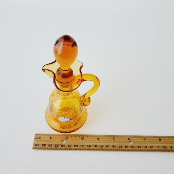 Hand Blown Amber Crackle Glass Cruet by Rainbow, Vintage Yellow Vinegar Bottle - Picture 10 of 14